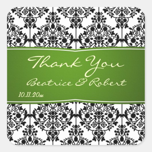 ダマスク黒、白、緑結婚の感謝 スクエアシール (正面)