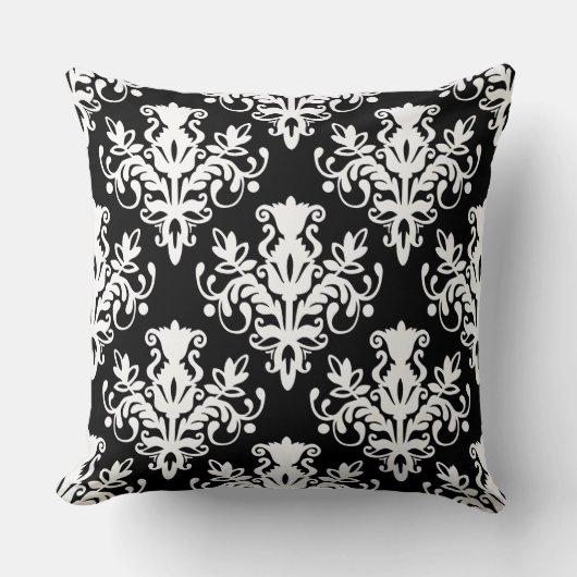 ダマスク02パターン – 黒の上に白 クッション (正面)