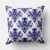 ダマスク02 パターン - 白地にディープネイビーブルー クッション (裏面)