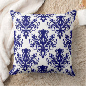 ダマスク02 パターン - 白地にディープネイビーブルー クッション (ブランケット)