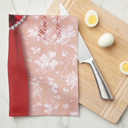 ダマスク40周年記結婚念デザイン キッチンタオル (四つ折り)