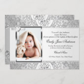 ダマスク&かわいらしクロスシルバーフォトバプテスマ招待状 招待状 (正面/裏面)