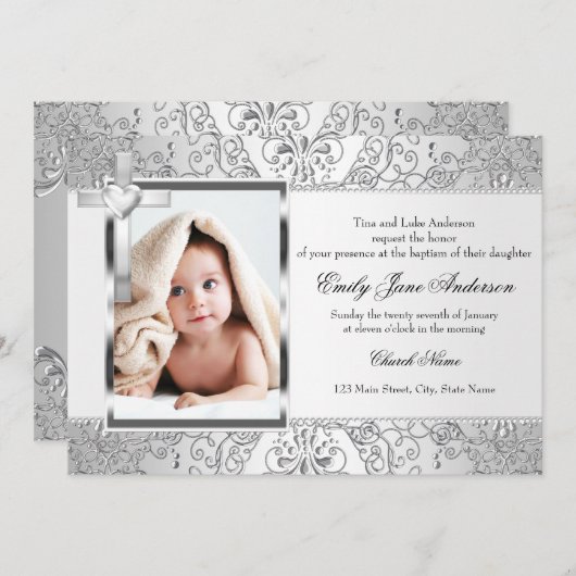 ダマスク&かわいらしクロスシルバーフォトバプテスマ招待状 招待状 (正面/裏面)