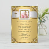 ダマスク&クロス金ゴールドフォトバプテスマ/《キリスト教》洗礼式や命名式 招待状 (スタンド正面)
