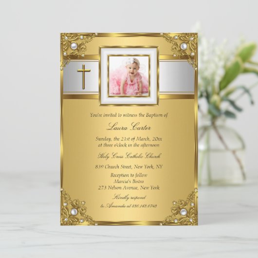 ダマスク&クロス金ゴールドフォトバプテスマ/《キリスト教》洗礼式や命名式 招待状 (スタンド正面)