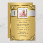 ダマスク&クロス金ゴールドフォトバプテスマ/《キリスト教》洗礼式や命名式 招待状 (正面/裏面)