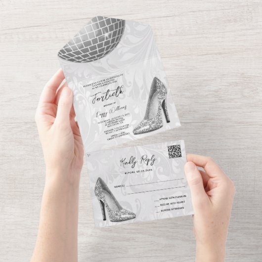 ダマスク、シルバースティレット&ディスコボール40th QR CODE オールインワン招待状 (貼ってはがせる)