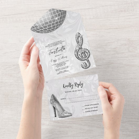 ダマスク、シルバースティレット、ミュージック&ディスコボール40th オールインワン招待状 (貼ってはがせる)