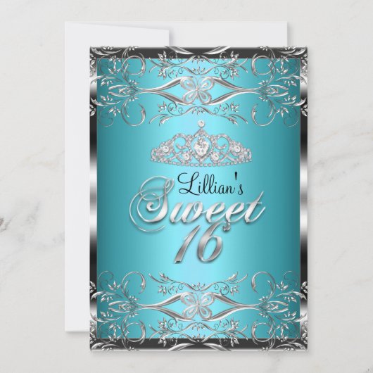 ダマスク&ダイアモンドティアラブルーシルバースウィート16招待状 招待状 (正面)