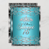 ダマスク&ダイアモンドティアラブルーシルバースウィート16招待状 招待状 (正面/裏面)