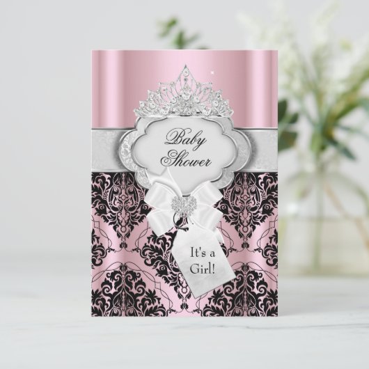 ダマスク&ティアラプリンセスベビーシャワー招待状 招待状 (スタンド正面)