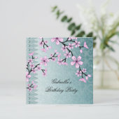 ダマスク ティール ブルー ピンクの花開きのアジアンフラワーパーティー 招待状 (スタンド正面)