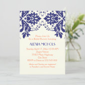 ダマスク ネイビーブルー、コーラル ウェディング ブライダル シャワー 招待状 (スタンド正面)