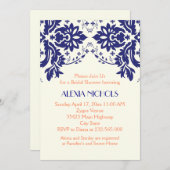 ダマスク ネイビーブルー、コーラル ウェディング ブライダル シャワー 招待状 (正面/裏面)