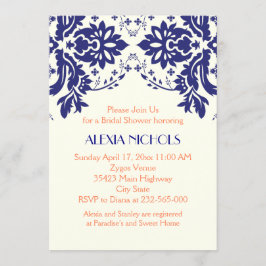 ダマスク ネイビーブルー、コーラル ウェディング ブライダル シャワー 招待状