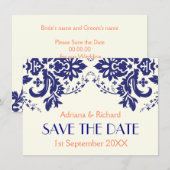 ダマスク ネイビーブルー コーラル 結婚式 Save the Date 招待状 (正面/裏面)
