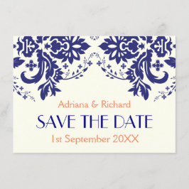 ダマスク ネイビーブルー コーラル 結婚式 Save the Date 招待状