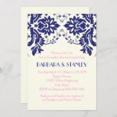 ダマスク ネイビーブルー、ピンクの結婚式前お祝い会 招待状 (正面/裏面)