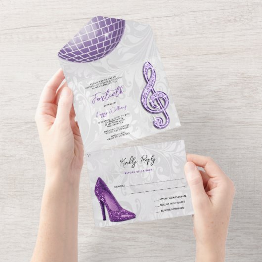 ダマスク、パープルスティレット、ミュージック＆ディスコボール 40th オールインワン招待状 (貼ってはがせる)