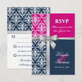 ダマスク・フェイク・シルバーリボン ネイビー 結婚式 返信 (正面/裏面)
