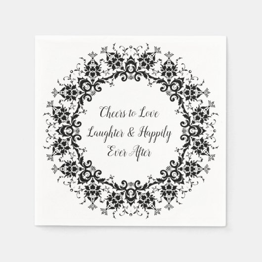 ダマスク ブラック アンド ホワイト ウェディング ペーパー ナプキン スタンダードカクテルナプキン (正面)