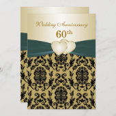ダマスク ブラック ゴールド ハート 50周年結婚記念日 招待状 (正面/裏面)
