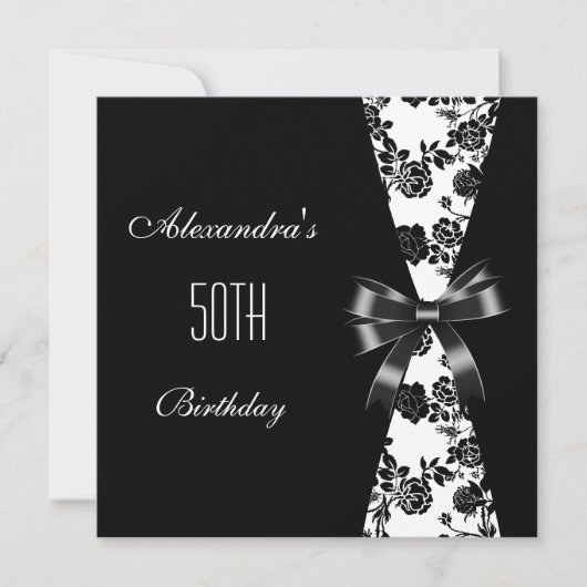 ダマスク ブラック ホワイト 50歳の誕生日招待状 花 招待状 (正面)