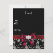 ダマスク ブラック レッド ホワイト ジュエル ボウ 招待状 (裏面)