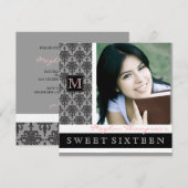 ダマスク・モノグラムの美しい16歳の誕生日パーティー招待状 招待状 (正面/裏面)