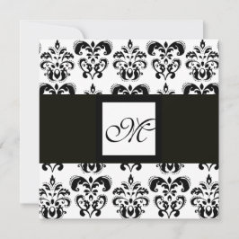 ダマスク モノグラム, ブラック＆ホワイト, シルバー メタリック 招待状