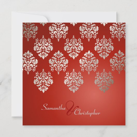 ダマスク/ルビーの赤/銀のフェイク結婚式招待状 招待状 (正面)