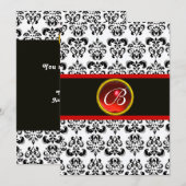 ダマスク・レッド・ルビー・モノグラム、ブラックアンドホワイト 招待状 (正面/裏面)