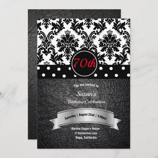 ダマスク&水玉模様70thバースデーパーティー 招待状 (正面/裏面)