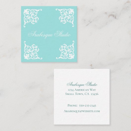 ダマスク、洗練された青と白 スクエア名刺 (正面/裏面)