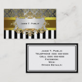 ダマスク、白黒ストライプ金ゴールドリボン、金ゴールドラベル 名刺 (正面/裏面)