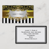 ダマスク、白黒ストライプ金ゴールドリボン、金ゴールドラベル 名刺 (正面/裏面)