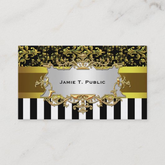 ダマスク、白黒ストライプ金ゴールドリボン、金ゴールドラベル 名刺 (正面)