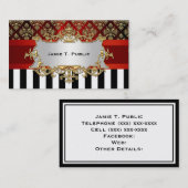 ダマスク、白黒ストライプ、赤いリボン、金ゴールドラベル 名刺 (正面/裏面)