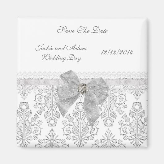 ダマスク 白 結婚式 保存版 日付 マグネット (正面)