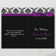 ダマスク，紫のリボン本の折り畳み結婚式 プログラム