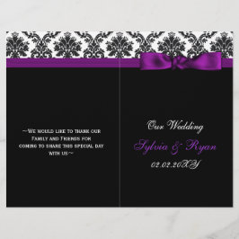 ダマスク，紫のリボン本の折り畳み結婚式 プログラム