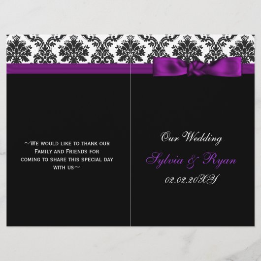 ダマスク,紫のリボン本の折り畳み結婚式 プログラム (正面)