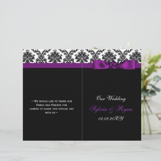 ダマスク,紫のリボン本の折り畳み結婚式 プログラム (スタンド正面)