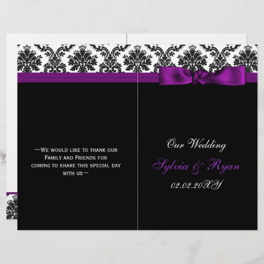 ダマスク,紫のリボン本の折り畳み結婚式 プログラム (正面/裏面)