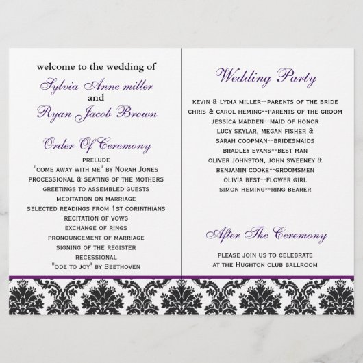 ダマスク,紫のリボン本の折り畳み結婚式 プログラム (裏面)