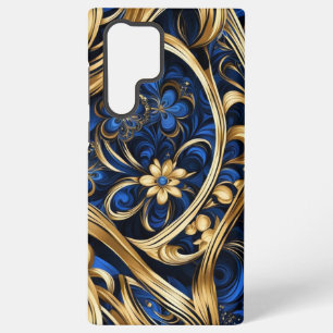ダマスク 花 渦巻き 青 金 黒 SAMSUNG GALAXY S22 ULTRAケース