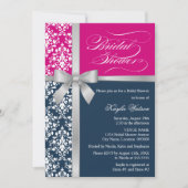 ダマスコシルバフェイクーリボンネイビーピンクブライダルシャワー 招待状 (正面)