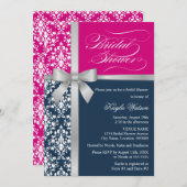 ダマスコシルバフェイクーリボンネイビーピンクブライダルシャワー 招待状 (正面/裏面)
