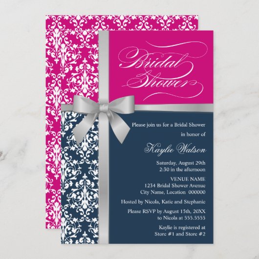 ダマスコシルバフェイクーリボンネイビーピンクブライダルシャワー 招待状 (正面/裏面)