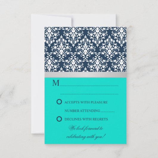ダマスコシルバフェイクーリボン海軍ウェディングRSVP 出欠カード (裏面)